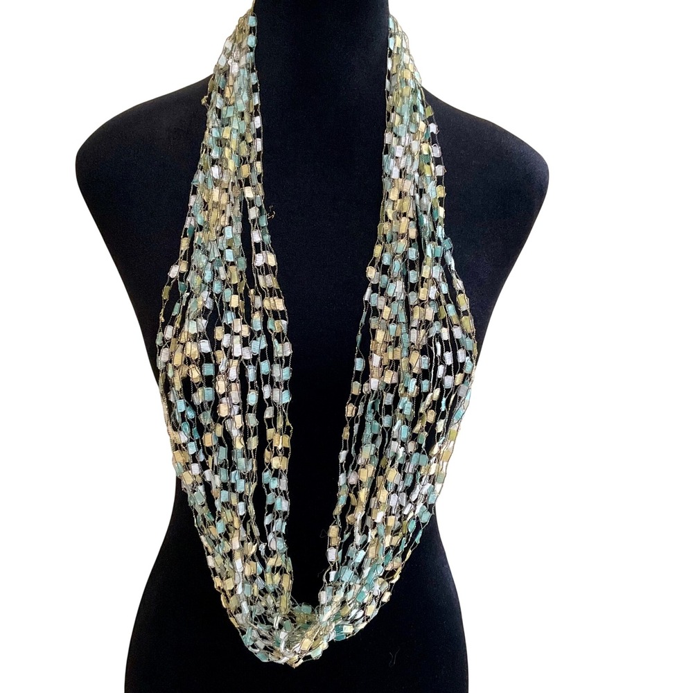 Trellis‎ Ladder Yarn Multi Strand Necklace Green Yellow 20in Boho Cottagecore